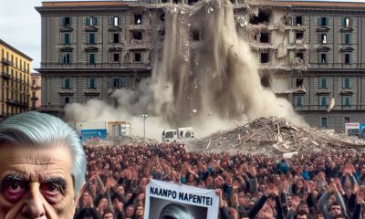 A Napoli abbattono Palazzo Fienga davanti a Salvini: «Fabbrica della morte»