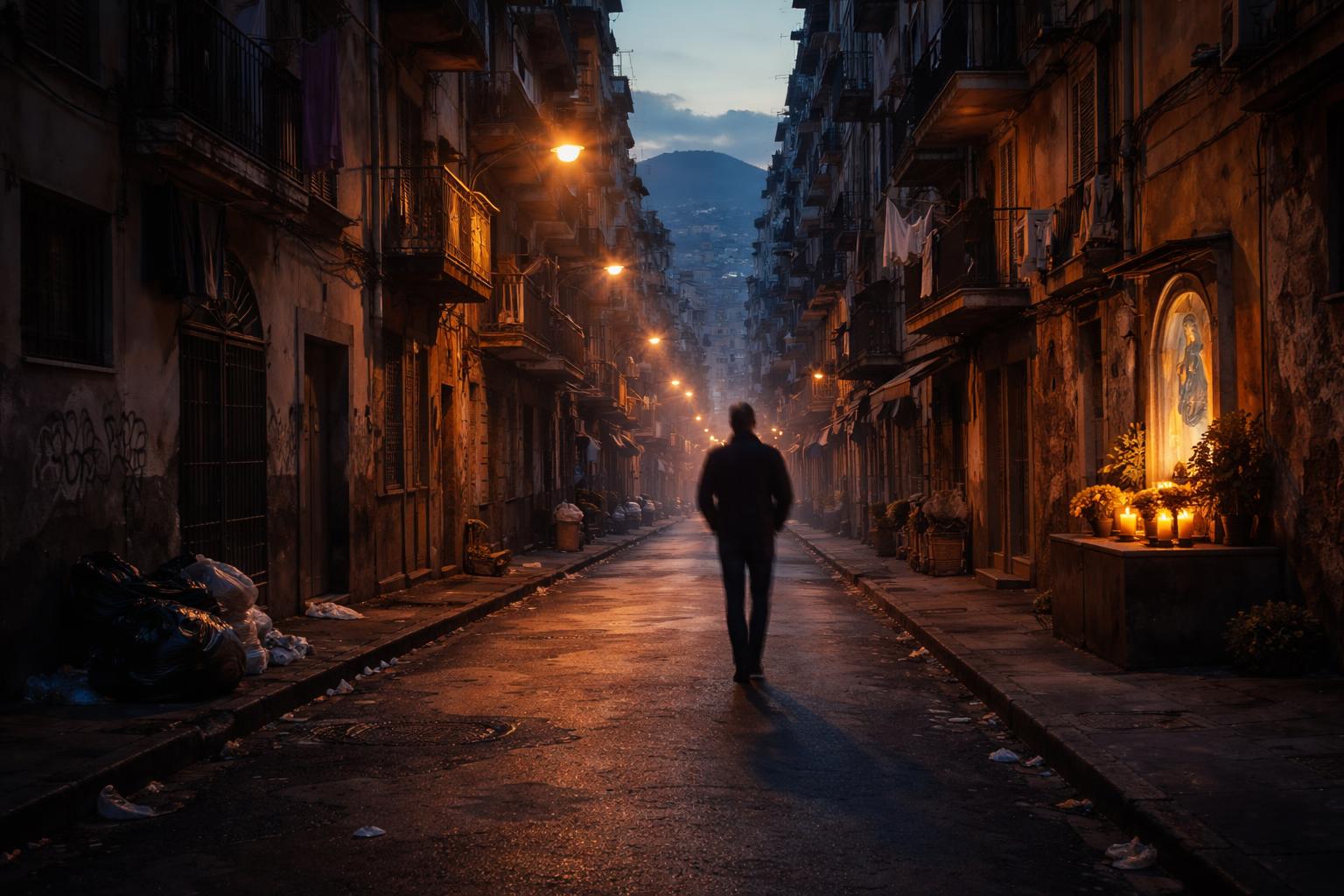 Strada deserta di periferia a Napoli al tramonto con figura umana sfocata
