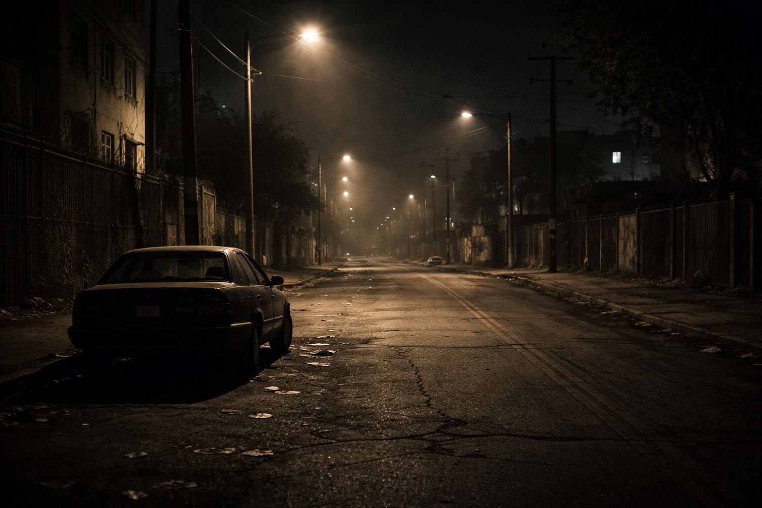 Strada di periferia di notte con auto ferma e atmosfera tesa che rappresenta la paura a Ponticelli