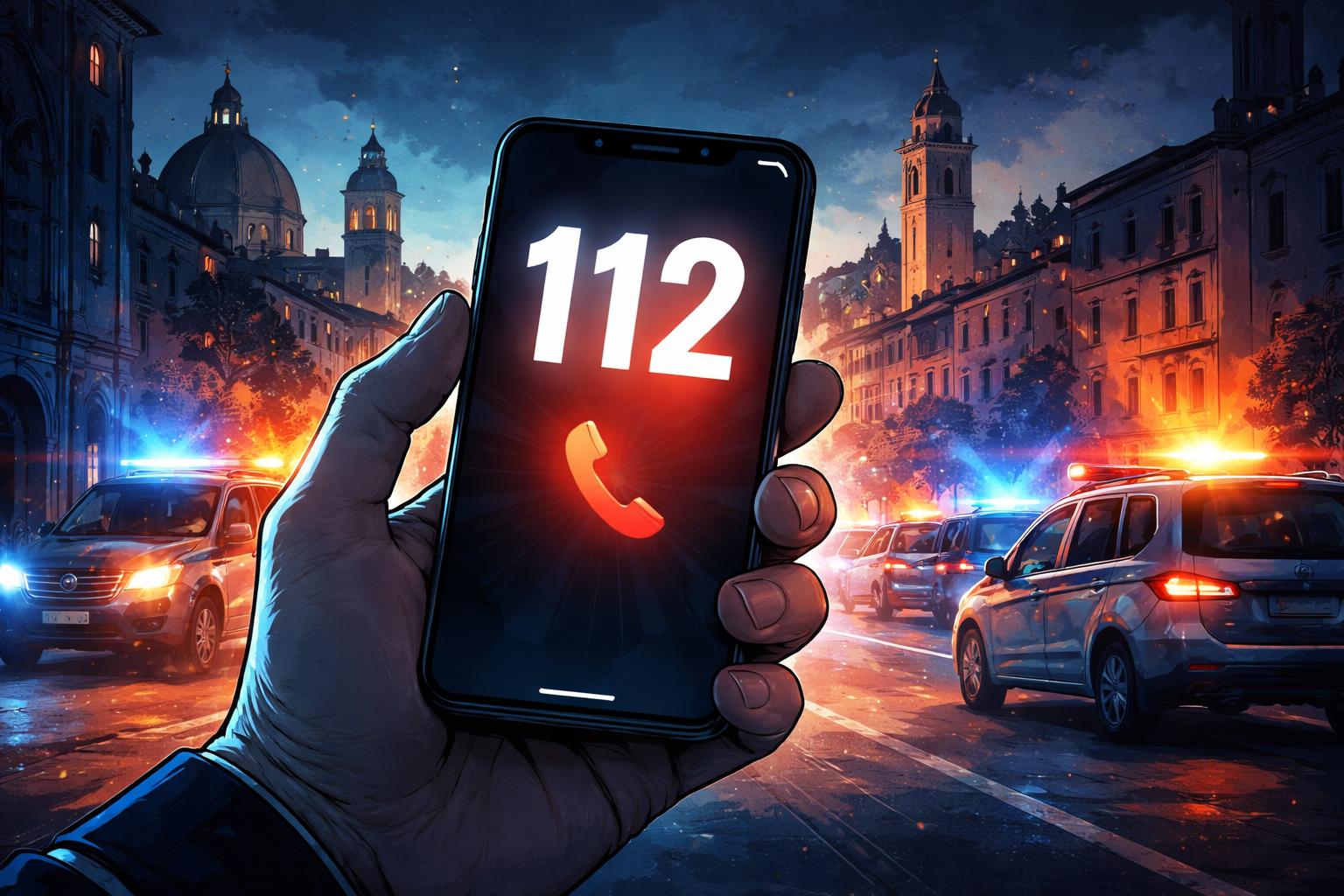 Illustrazione simbolica del numero di emergenza 112 e una città italiana sullo sfondo con luci di emergenza