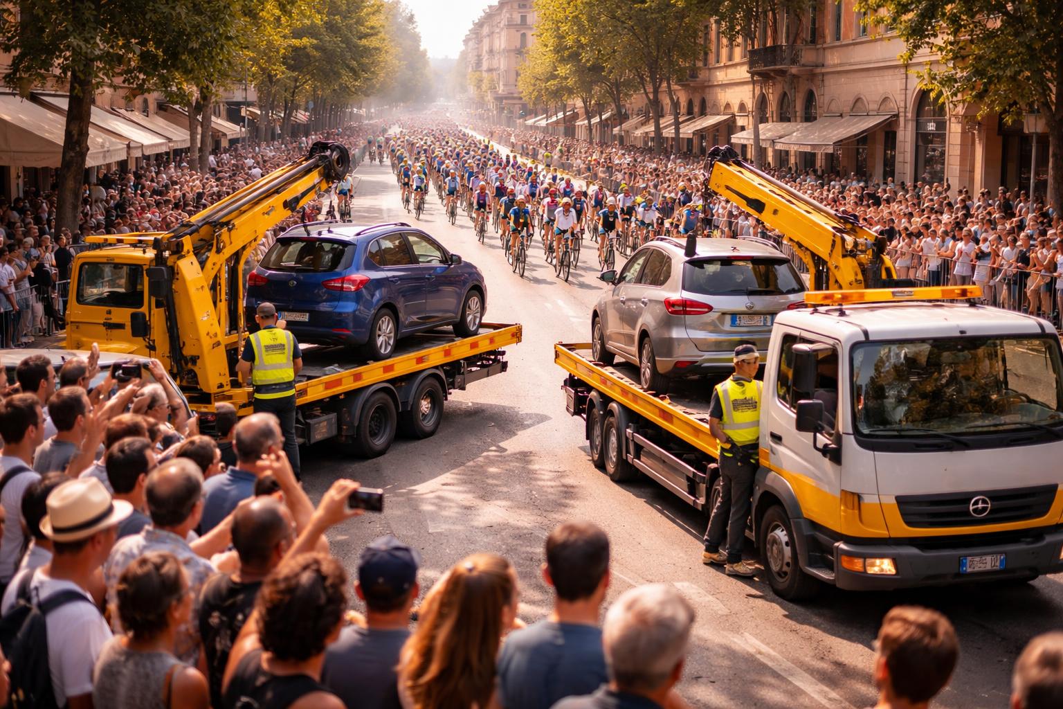 Carroattrezzi rimuove auto in una strada cittadina mentre ciclisti passano durante un evento sportivo