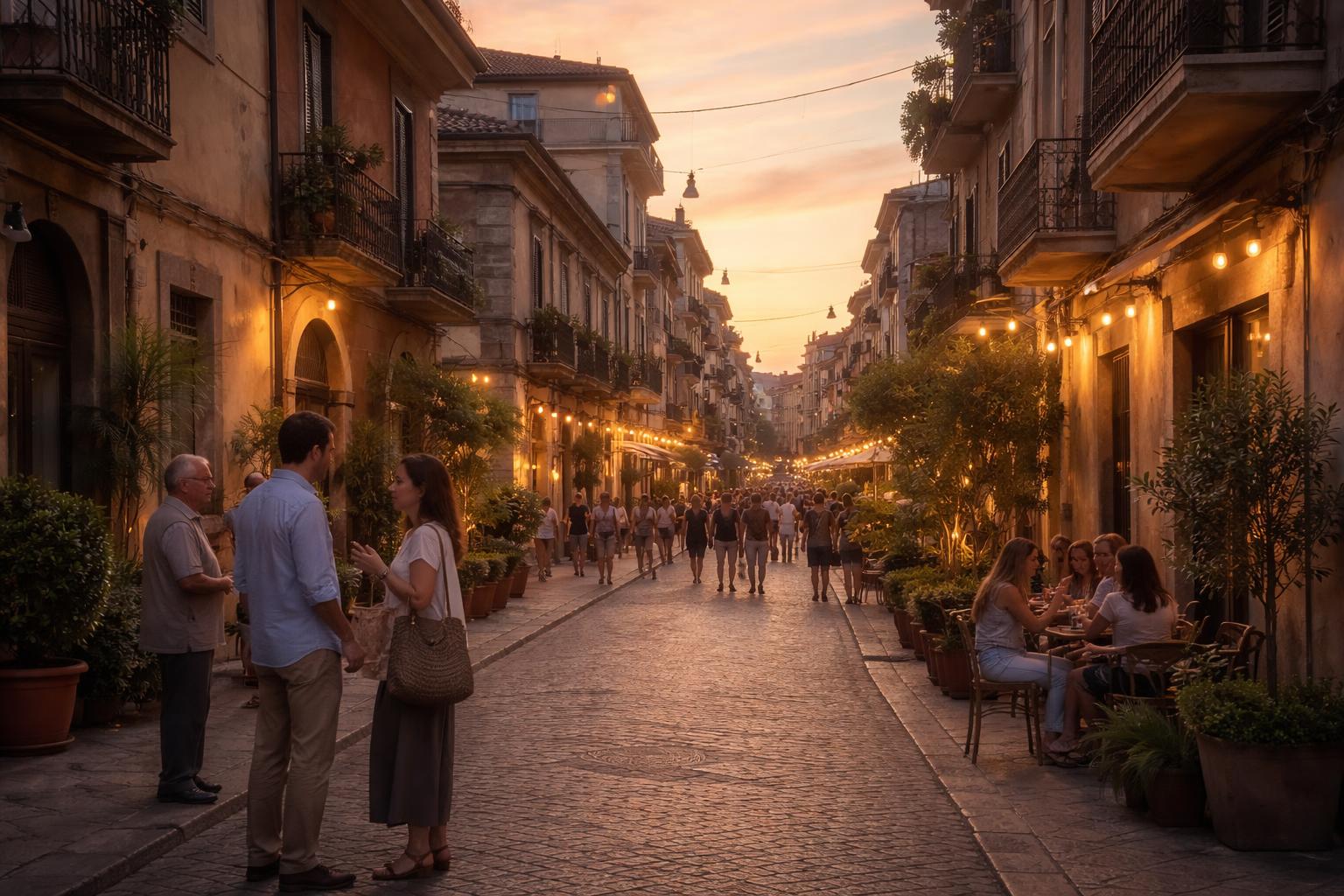 Strada di Giugliano al tramonto con persone che parlano simbolizzando comunità e speranza