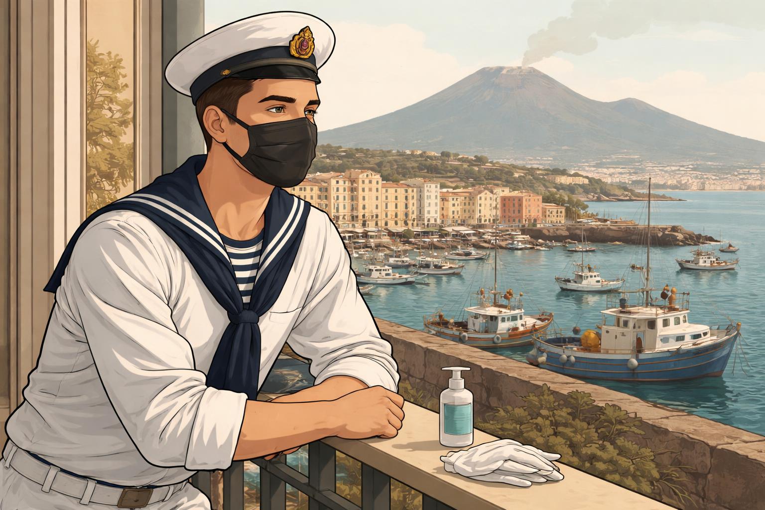 Giovane marittimo in quarantena con sfondo simbolico di Torre del Greco e Vesuvio