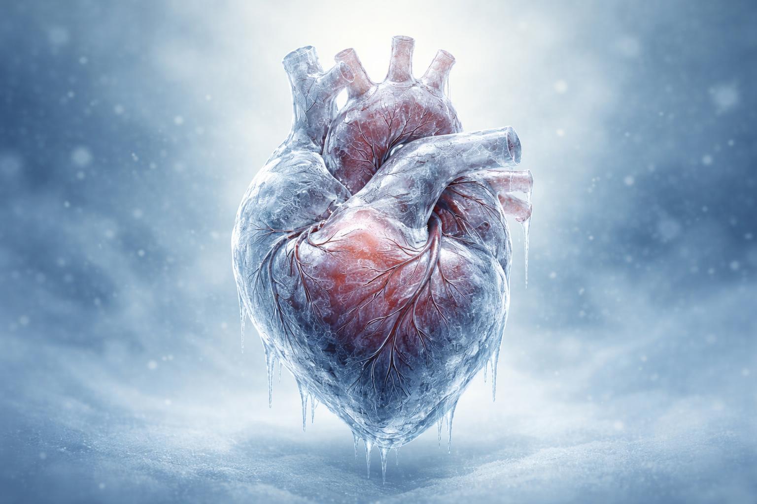 Cuore stilizzato avvolto da ghiaccio che simboleggia un trapianto compromesso