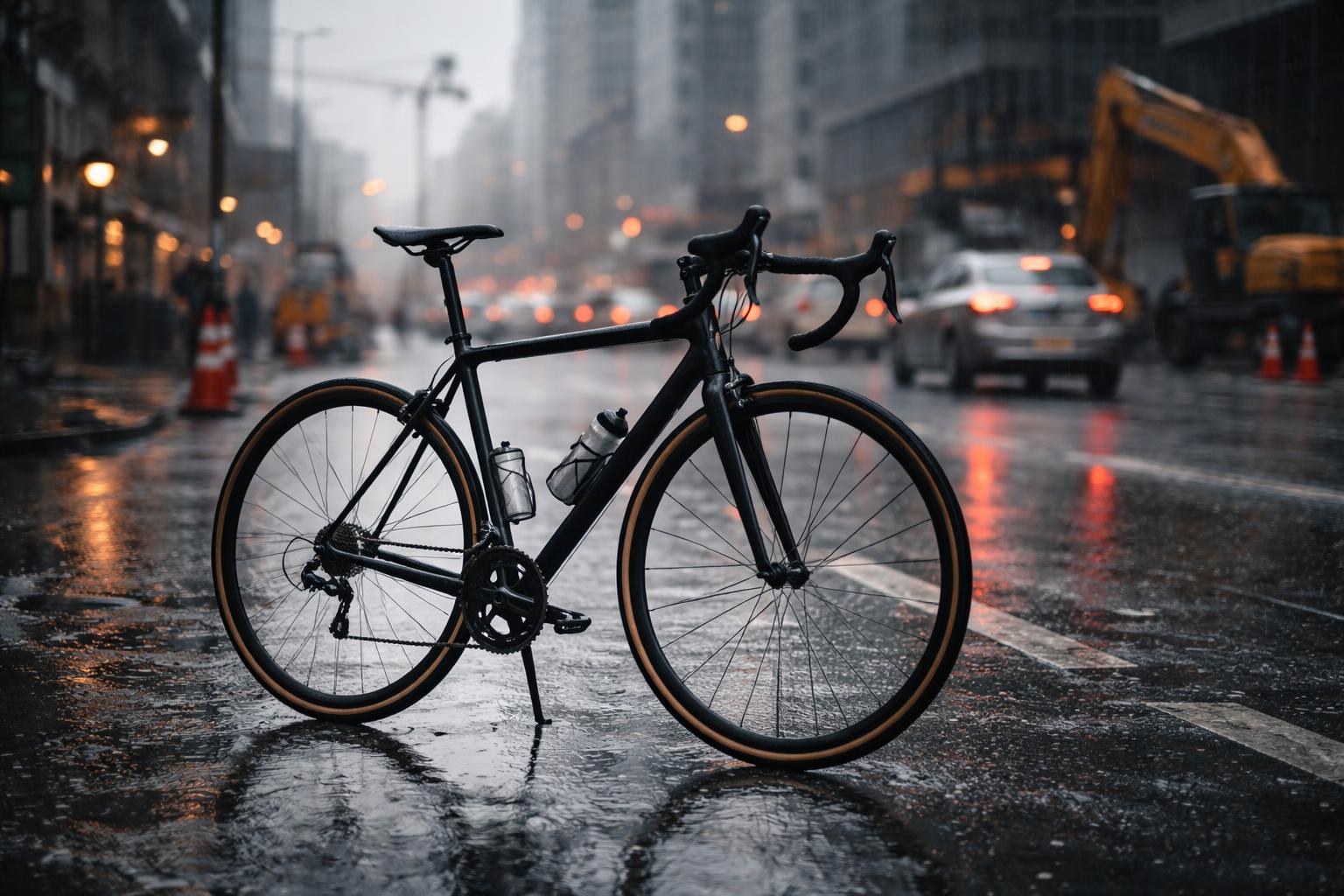 Bicicletta da corsa su strada bagnata in città con cantieri e traffico sullo sfondo