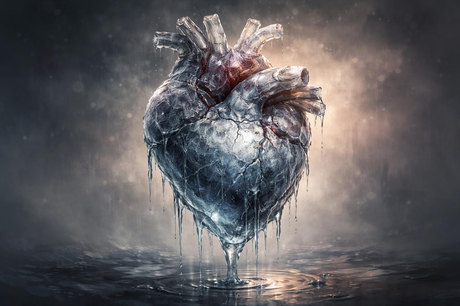 Cuore stilizzato con ghiaccio che si scioglie, simbolo di fragilità e tragedia sanitaria