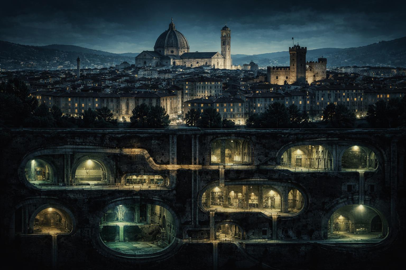 Rappresentazione simbolica di tunnel sotterranei sotto una città italiana di notte