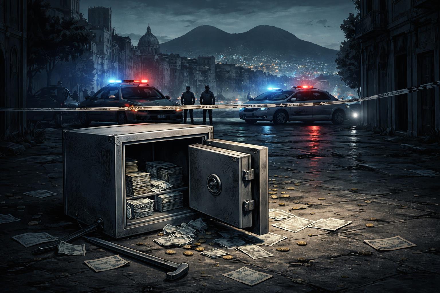 Immagine simbolica che rappresenta la violazione della sicurezza urbana a Napoli con cassaforte aperta e luci di polizia