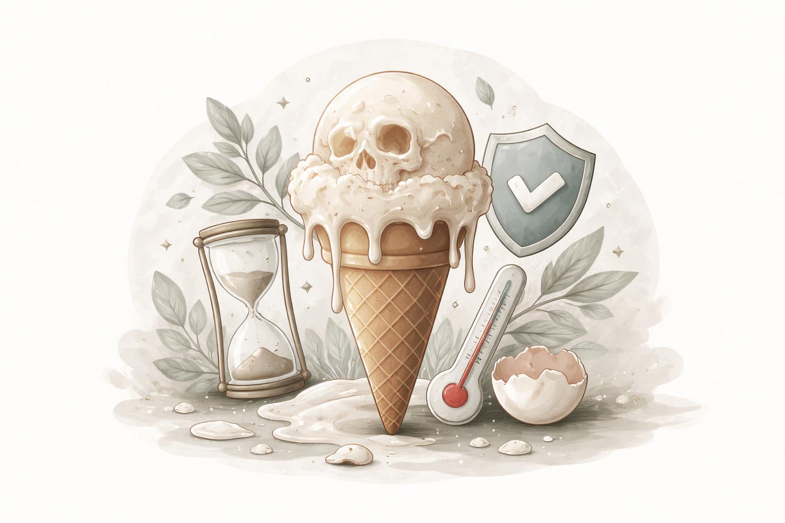 Rappresentazione simbolica di un gelato con elementi grafici che richiamano la fragilità e la sicurezza alimentare