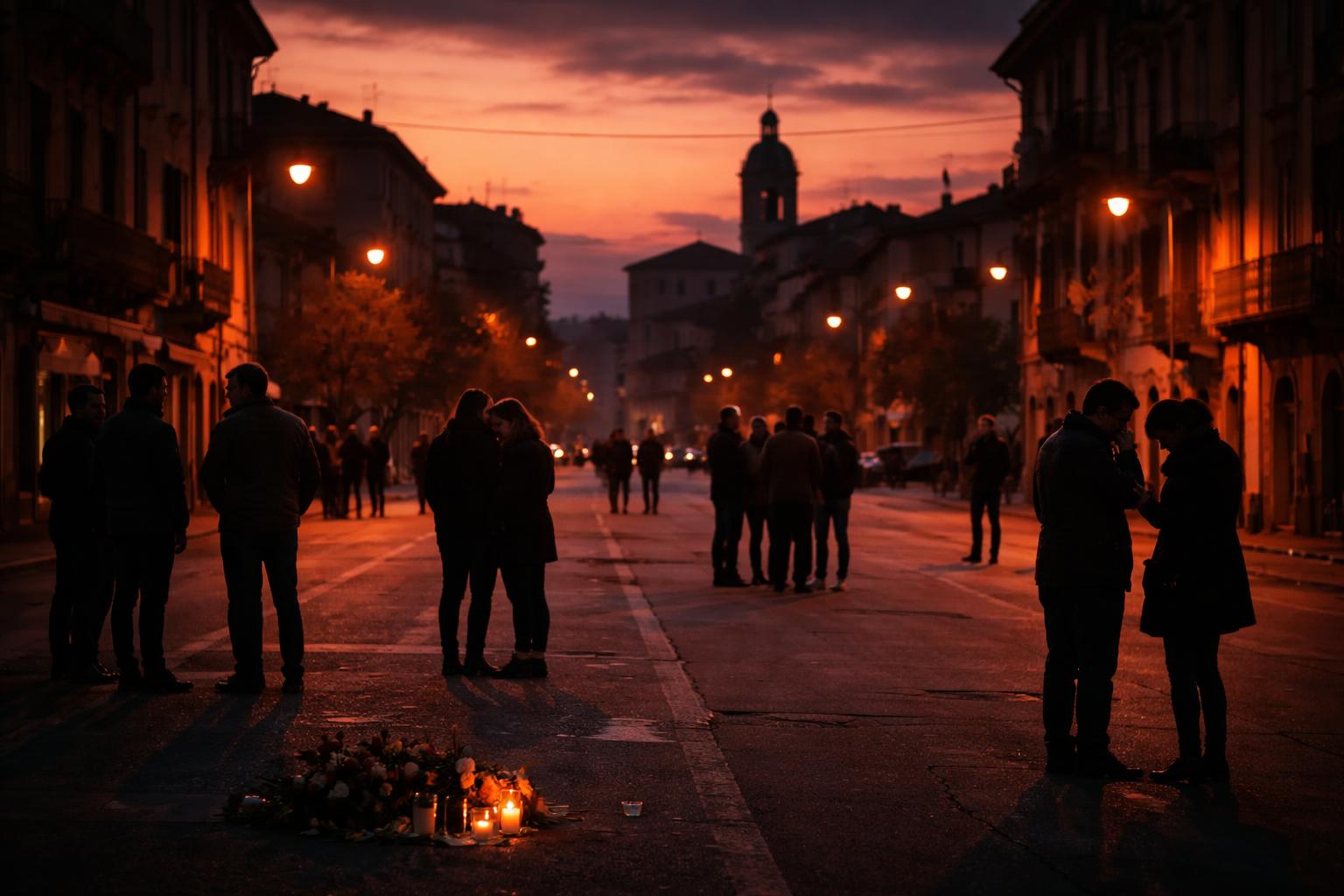 Rappresentazione simbolica di una comunità italiana riflessiva e unita dopo una tragedia