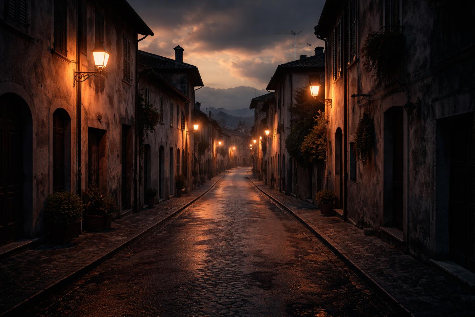 Strada deserta al tramonto in un piccolo comune italiano che evoca un senso di inquietudine e silenzio