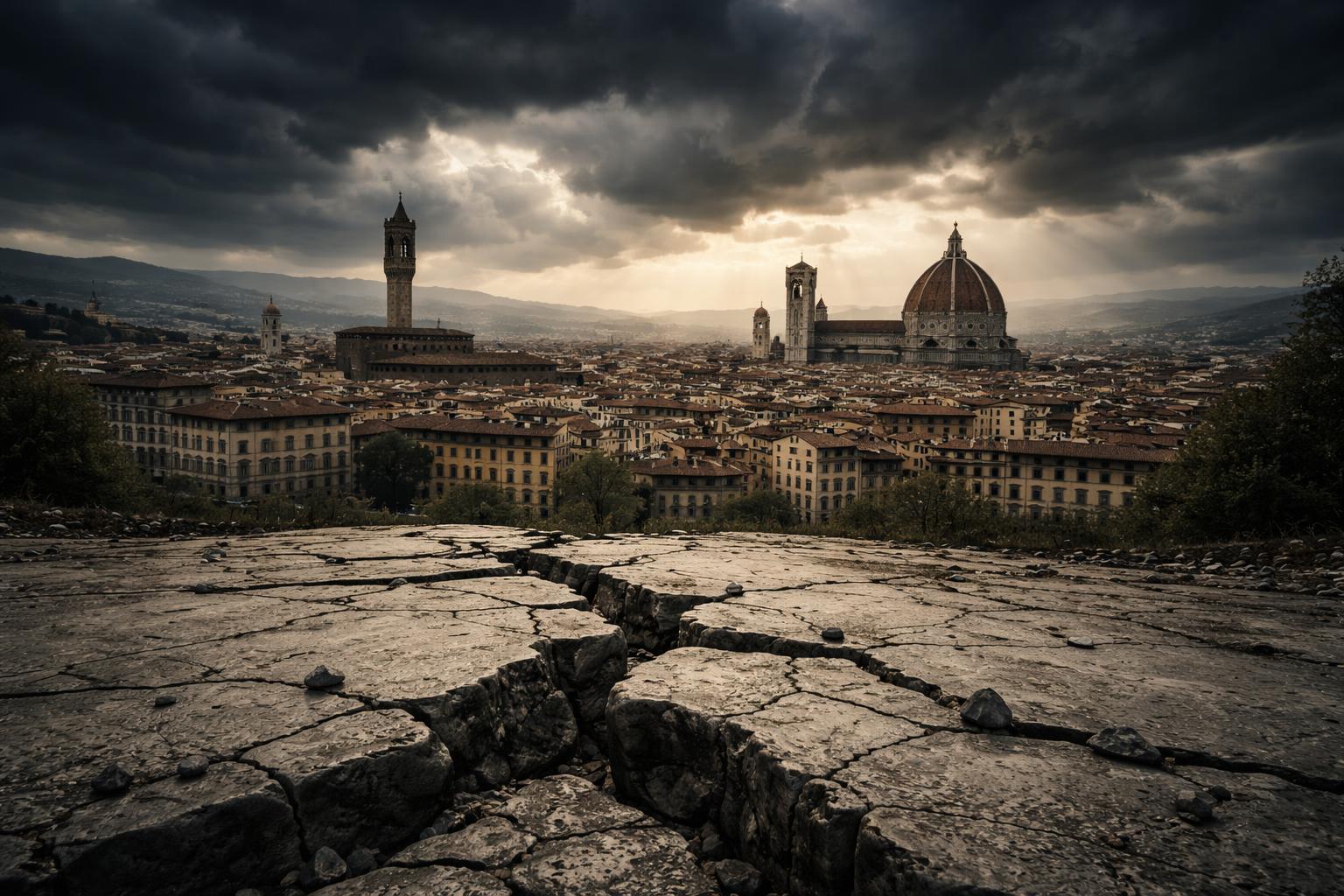 Paesaggio urbano con terreno incrinato e cielo minaccioso a simboleggiare tensione sismica