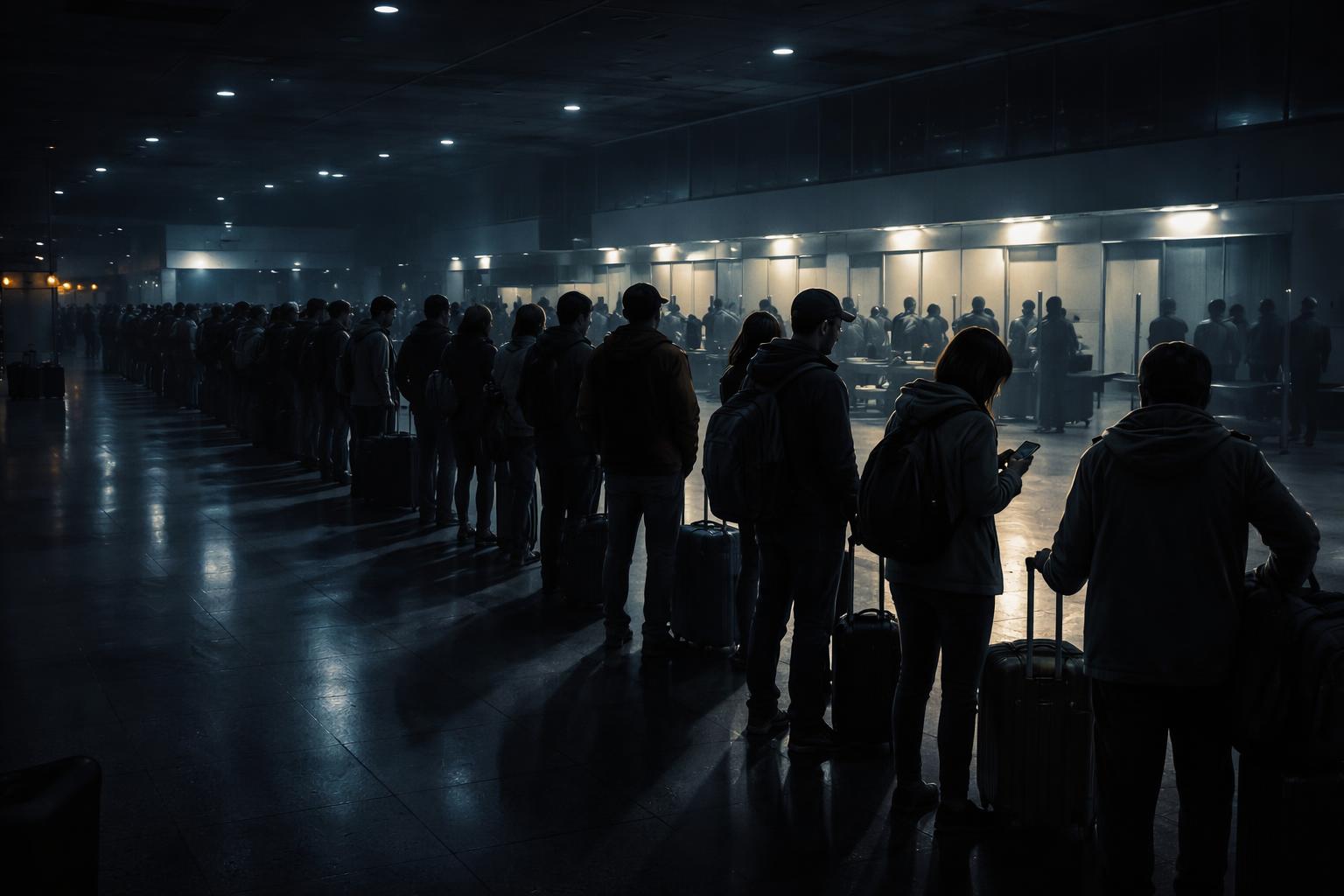 Persone in attesa fuori dall'aeroporto di notte simboleggiano problemi di trasporto