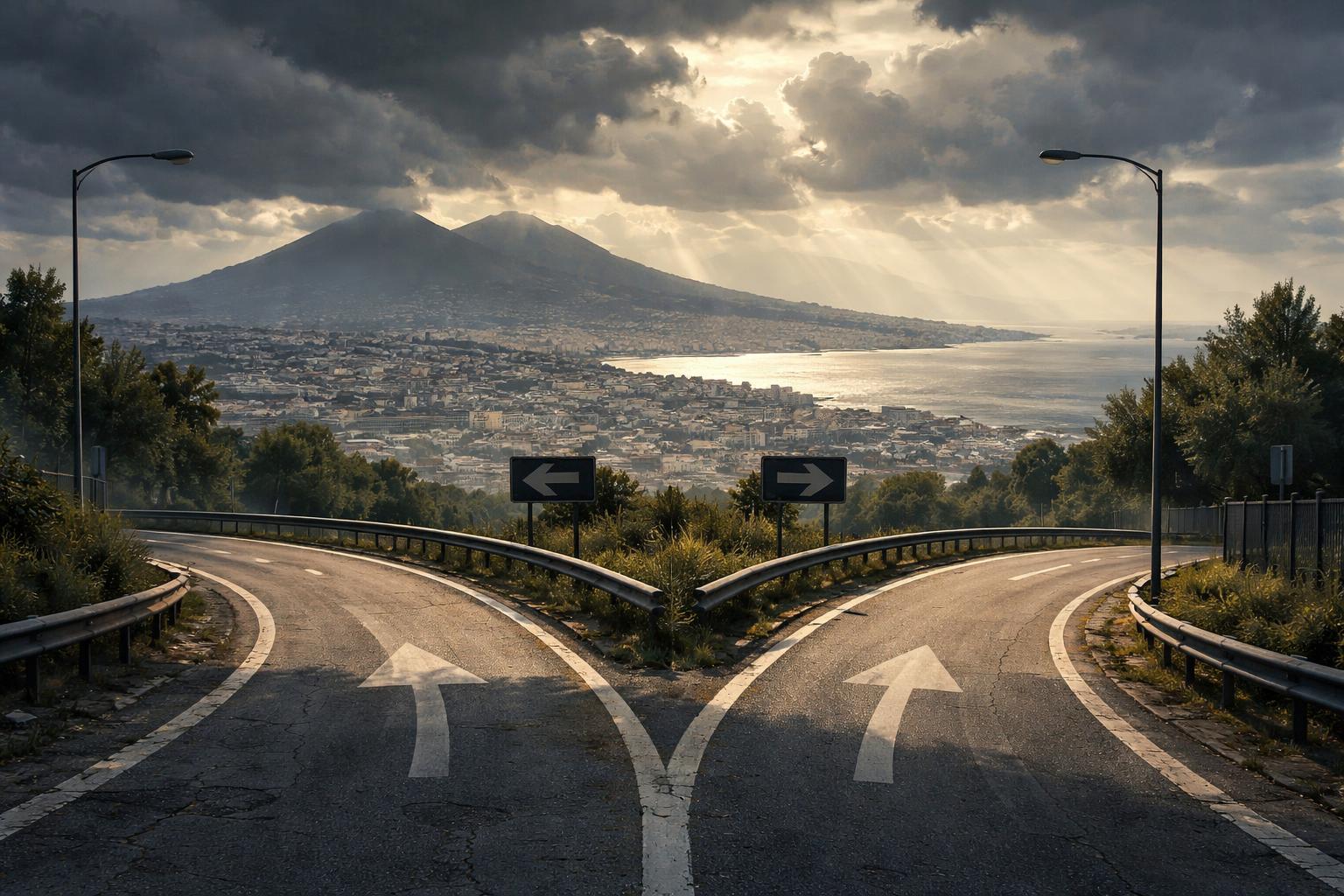 Strada urbana che si biforca sotto un cielo nuvoloso con spiragli di luce, simbolo di scelta e futuro incerto