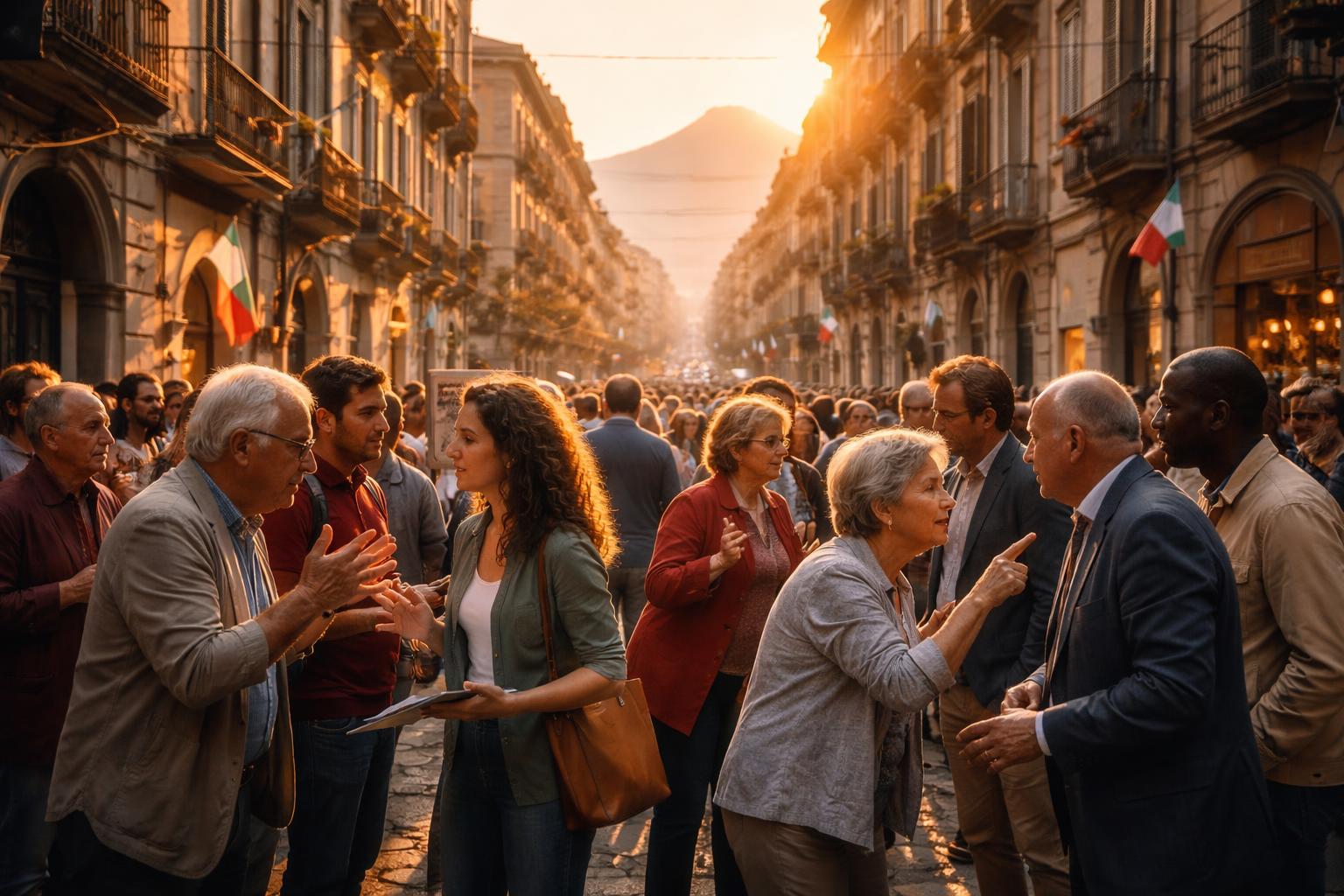 Strada di Portici con cittadini in dialogo animato, simbolo di fermento politico e sociale