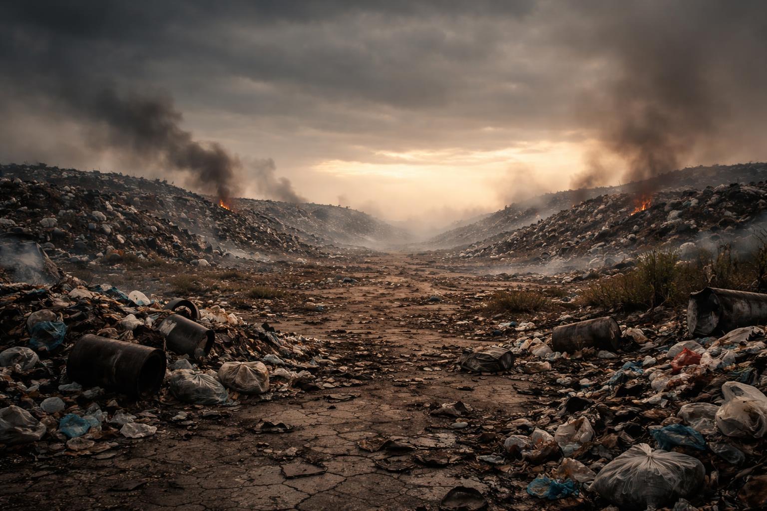 Paesaggio simbolico della Terra dei Fuochi con discariche e cielo grigio che sfuma in luce all'orizzonte
