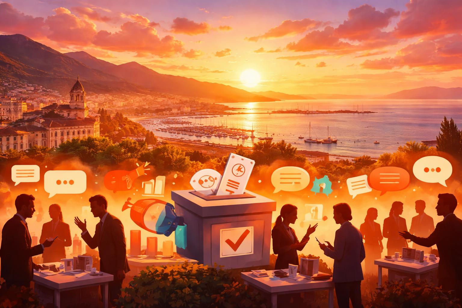 Veduta simbolica di Salerno al tramonto con rappresentazione di dibattito politico e attesa elettorale