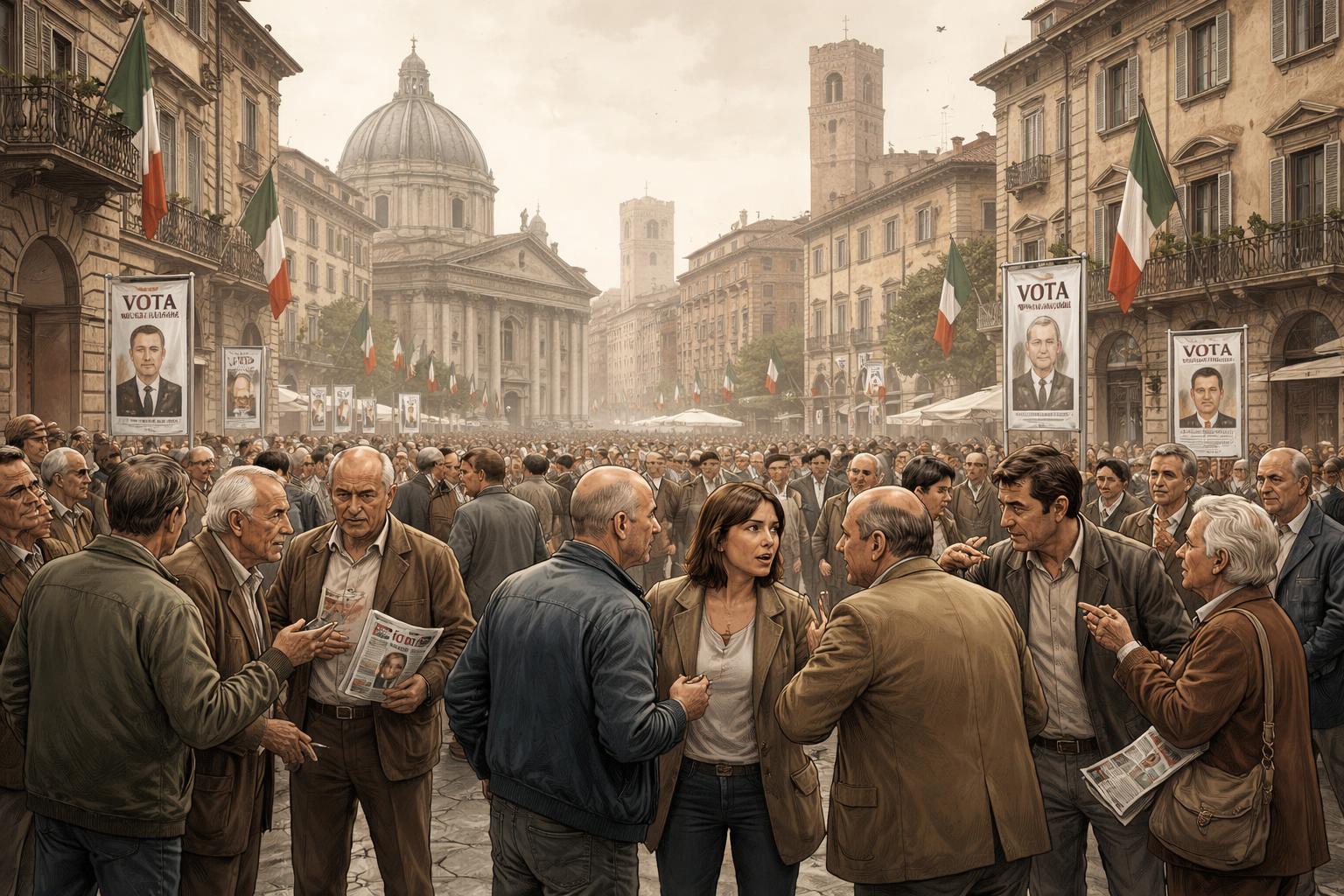 Rappresentazione simbolica di una città italiana durante il periodo elettorale con cittadini impegnati in discussioni pubbliche