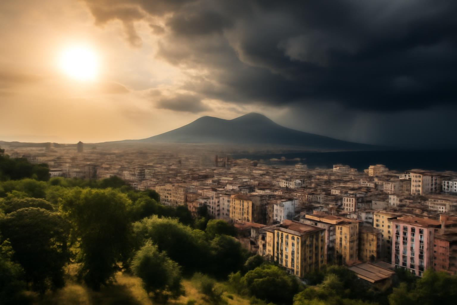 Paesaggio urbano di Napoli con sole estivo e nuvole temporalesche in avvicinamento