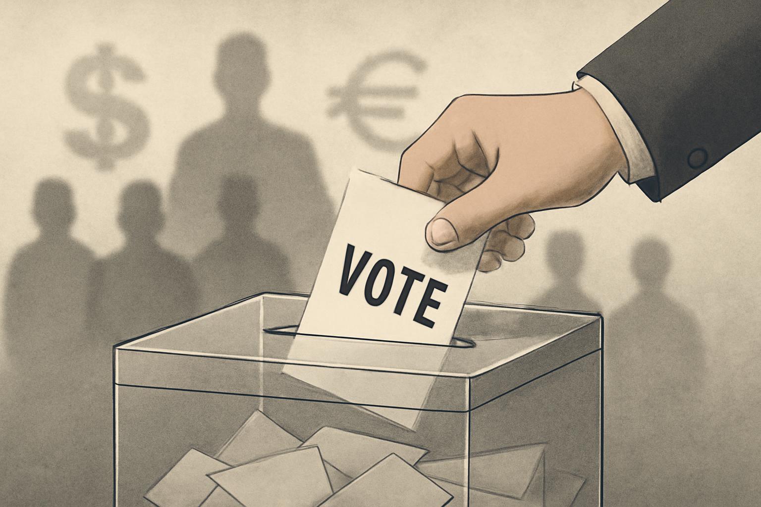 Mano che inserisce una scheda elettorale in un'urna con simboli di denaro sullo sfondo, rappresentazione simbolica della corruzione elettorale
