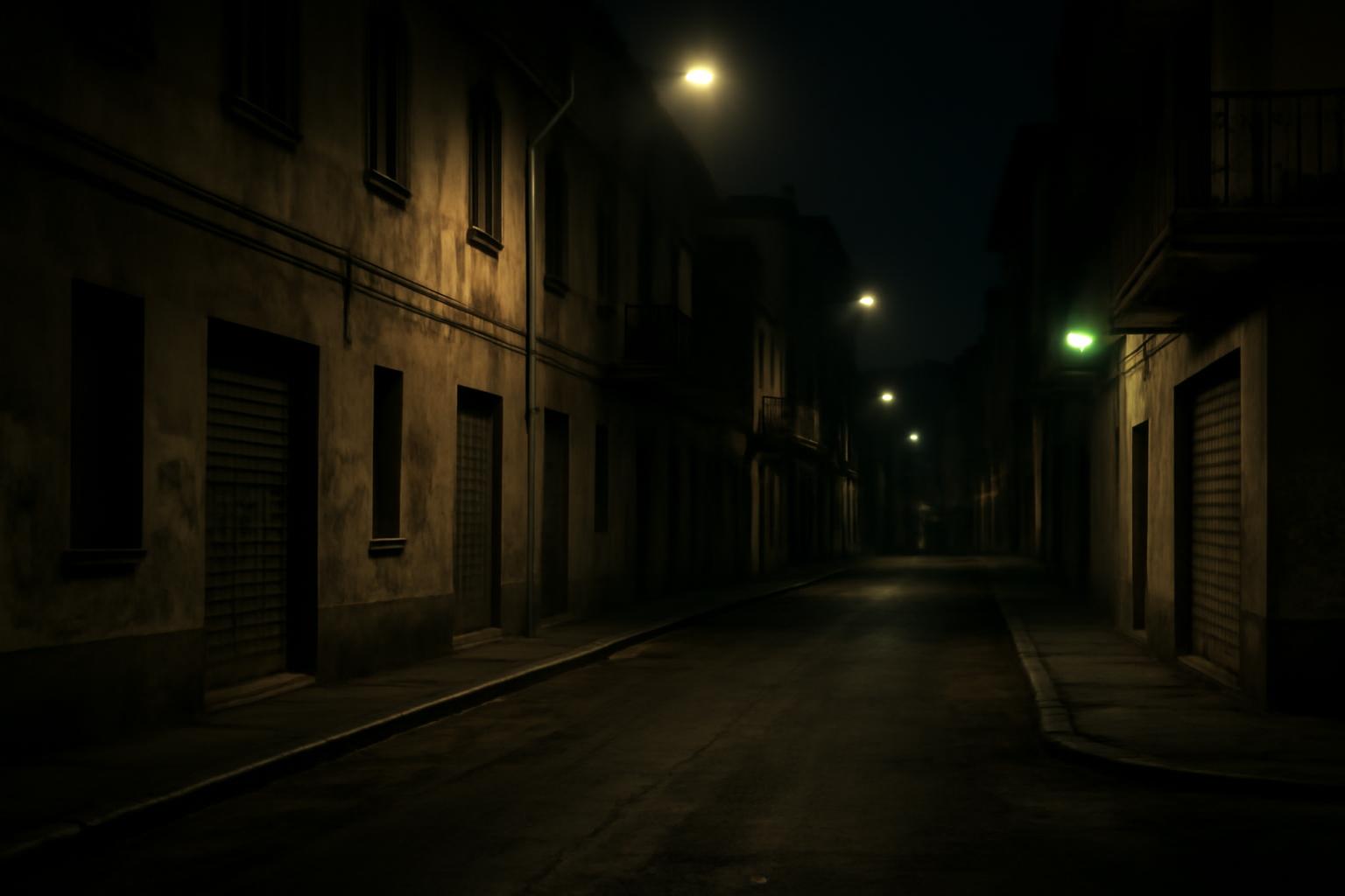 Strada deserta di un quartiere urbano italiano di notte con luci fioche e atmosfera tesa
