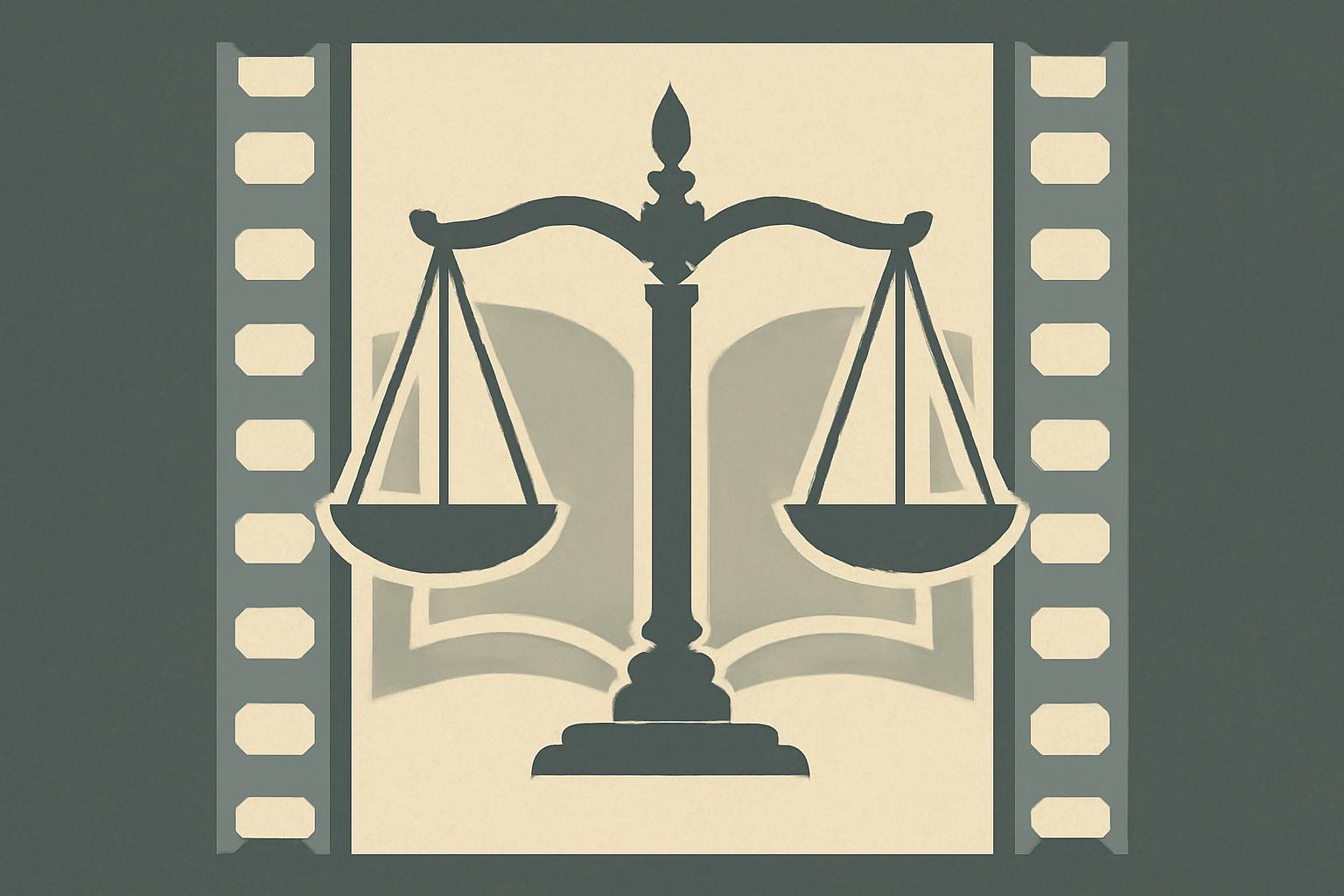Simbolo della giustizia e del cinema in equilibrio, rappresentazione grafica di trasparenza e cultura