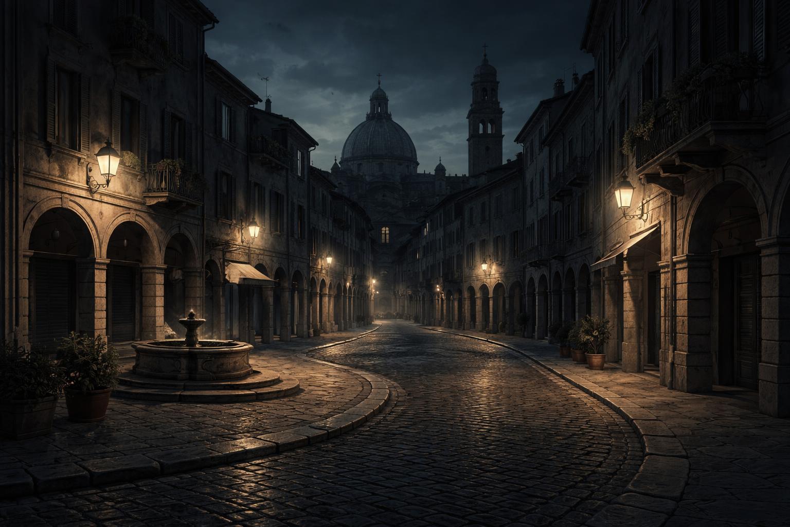 Rappresentazione simbolica di una città italiana di notte con atmosfera di mistero e silenzio