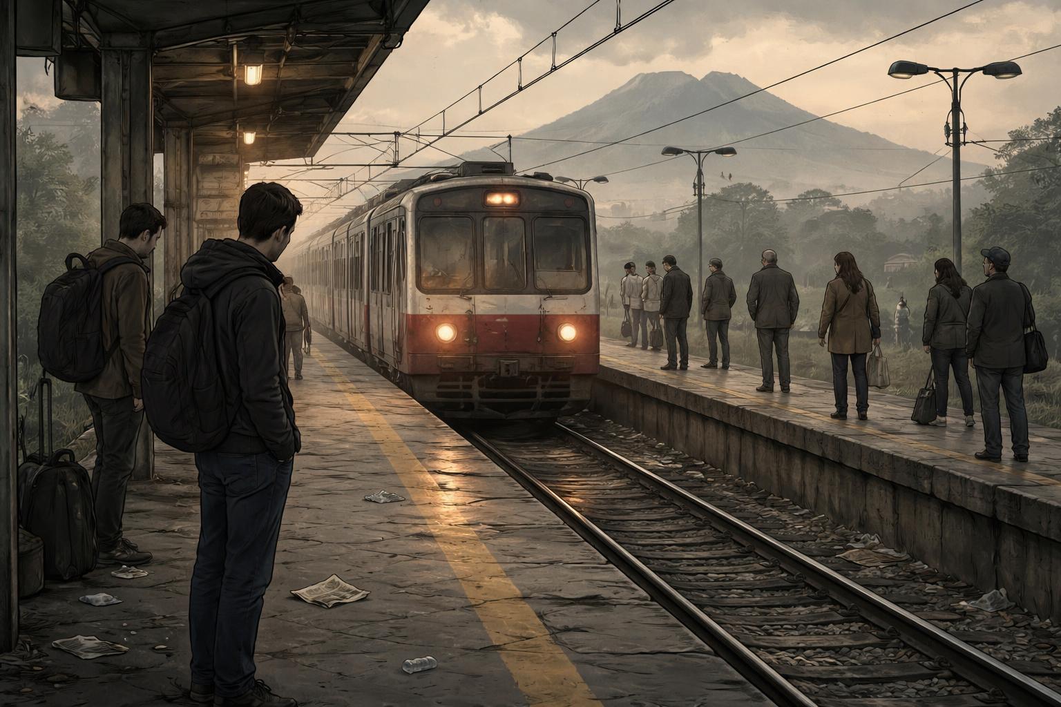 Treno Circumvesuviana fermo in stazione con pendolari in attesa, simbolo dei disagi della mobilità in Campania
