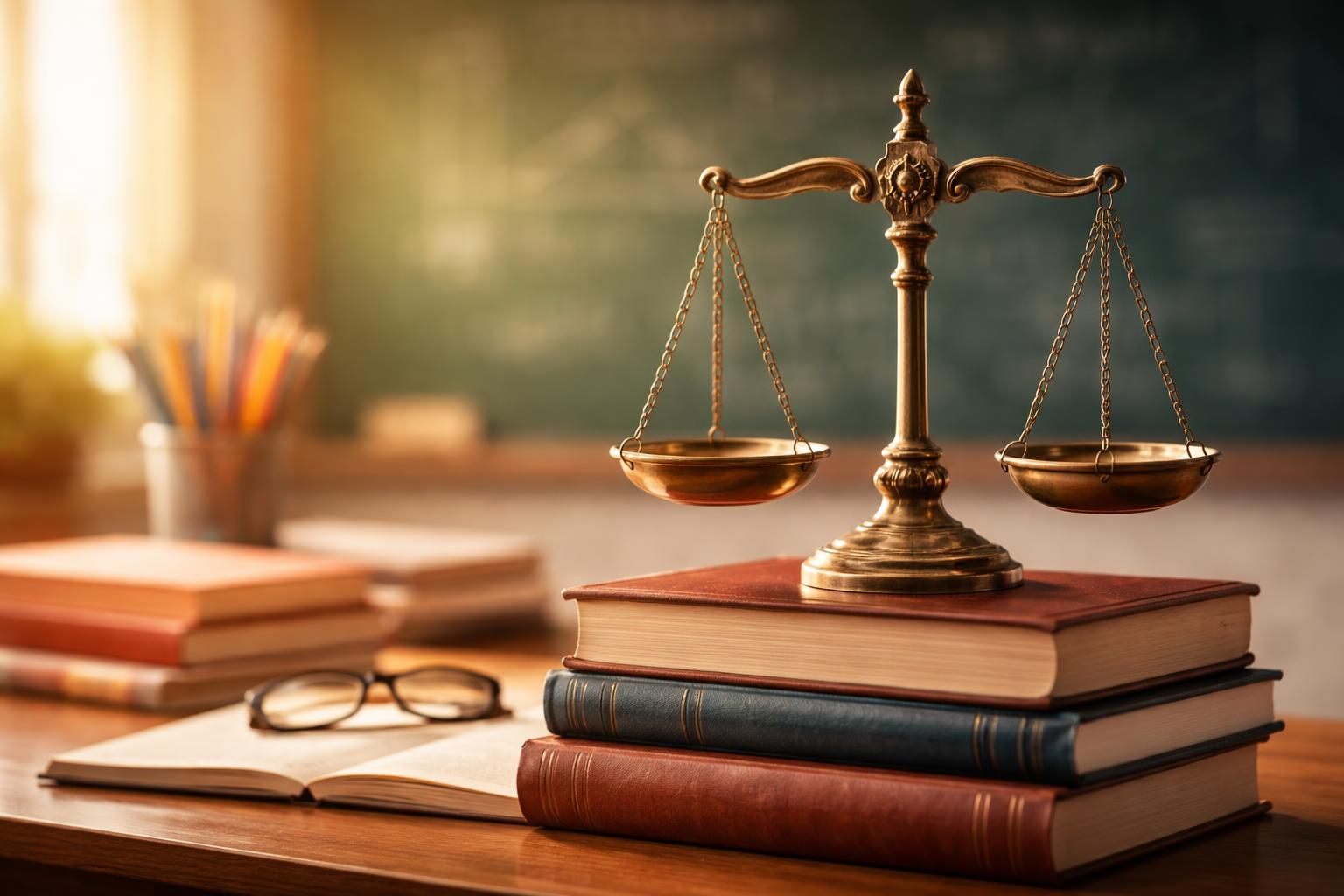 Bilancia della giustizia con libri scolastici e lavagna, simbolo di equità nel sistema educativo