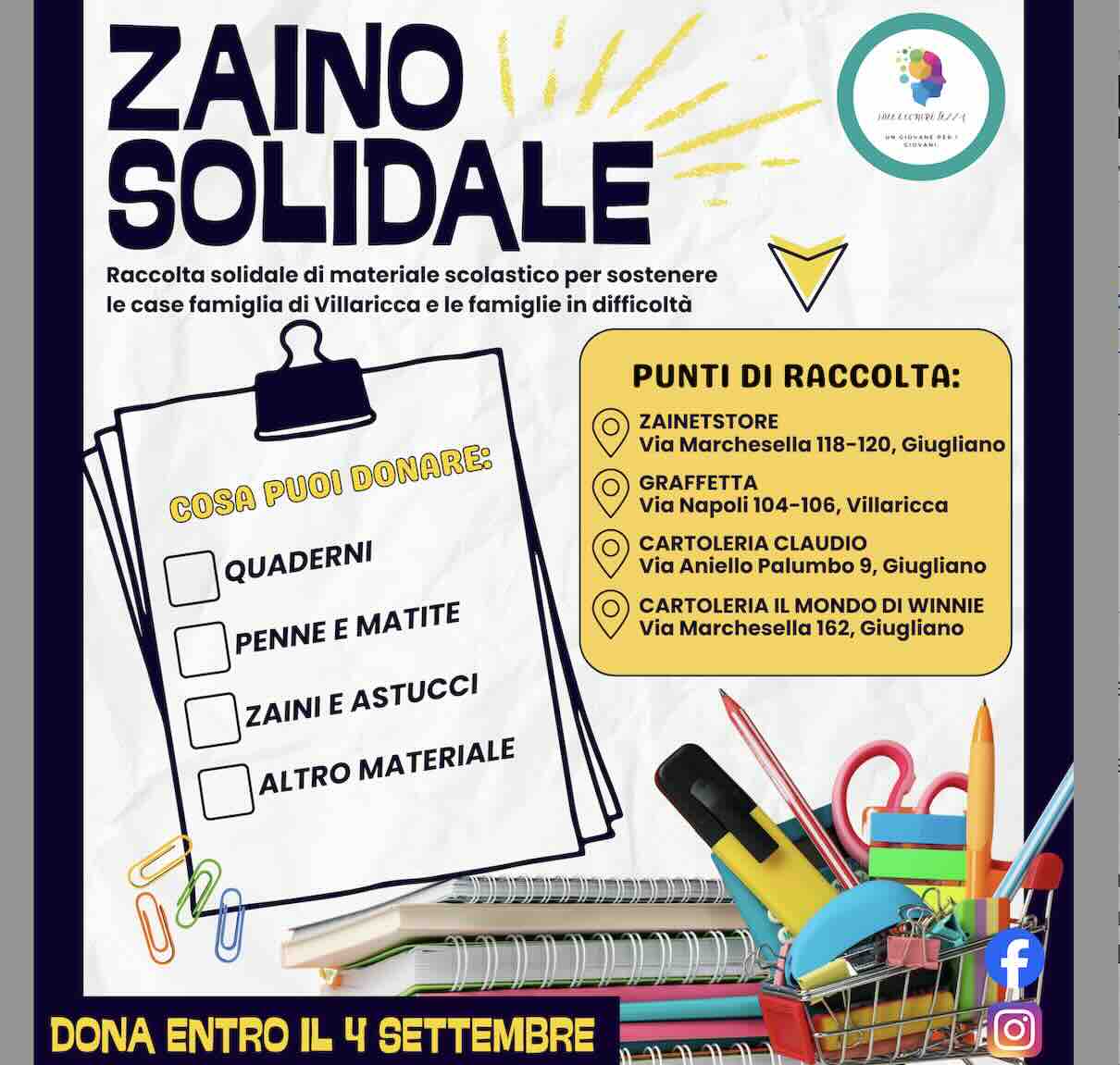 Villaricca si mobilita per i piccoli: «Zaino Solidale» raccoglie materiale scolastico per chi è in difficoltà
