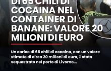Un carico di 65 chili di cocaina, con un valore stimato di circa 20 milioni di euro, u00e8 stato sequestrato nel porto di Livorno dalla Guardia di Finanza e dallu2019Agenzia delle Dogane e dei Monopoli.
