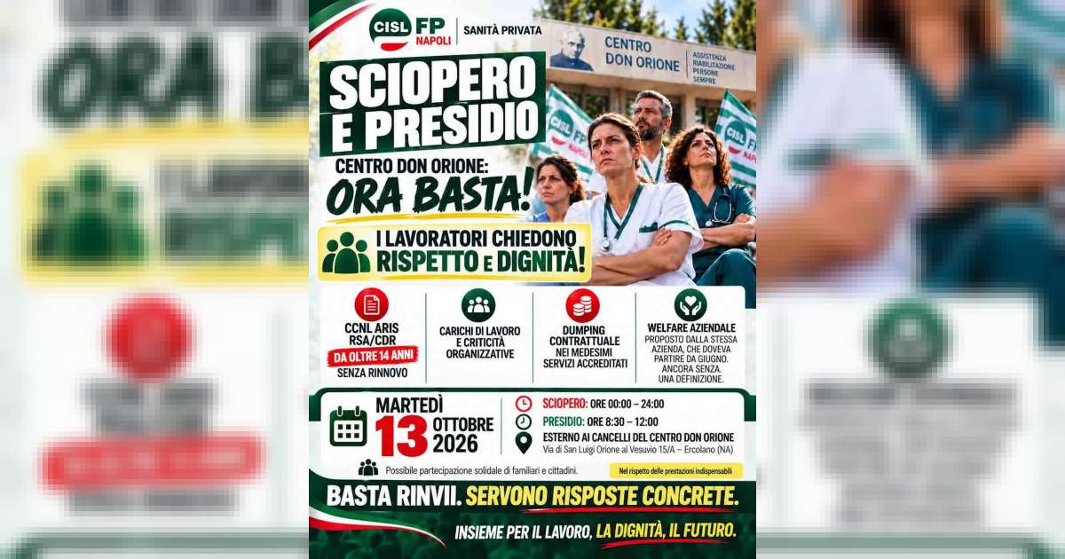Ercolano, 13 ottobre 2026: rinnovo contrattuale al Don Orione fermo da 14 anni e protesta sindacale